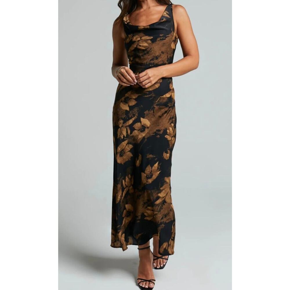 Showpo Dara Midi Dress Amber Floral Size 2 Satin Scoop Neck Slip Wedding Guest
